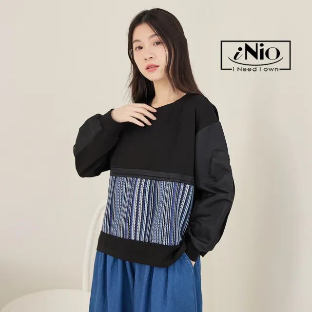 【iNio 衣著美學】長袖上衣 秋冬新品 現貨 條紋拼接 圓領 長袖棉T(CDW1745)