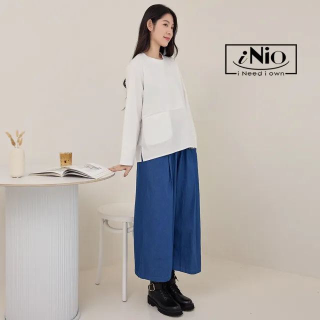 【iNio 衣著美學】長褲 秋冬新品 現貨 丹寧風 雙口袋 鬆緊腰 牛仔寬褲(CDW2737)