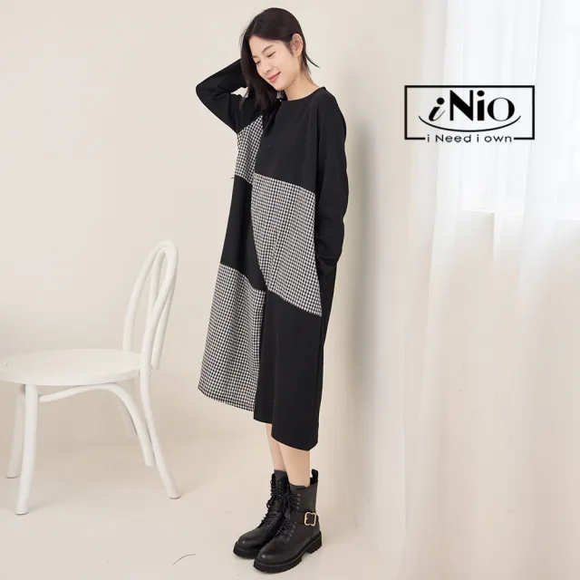【iNio 衣著美學】洋裝 秋冬新品 現貨 撞色 條紋拼接 長袖 連身裙(CDW3701)