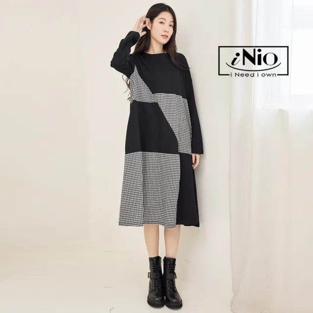 【iNio 衣著美學】洋裝 秋冬新品 現貨 撞色 條紋拼接 長袖 連身裙(CDW3701)
