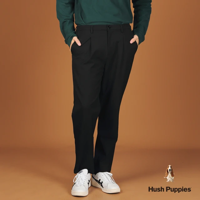 Hush Puppies 男裝 長褲 素色後腰鬆緊彈力寬版錐形長褲(黑色 / 44121101)