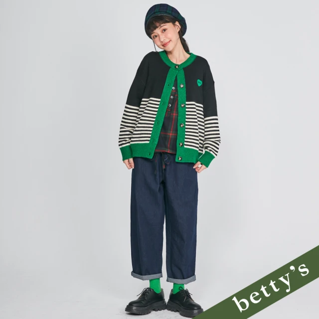 betty’s 貝蒂思 腰鬆緊跳色壓線牛仔寬褲(深藍)