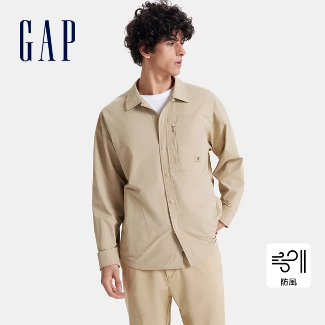 GAP 男裝 防風翻領長袖襯衫-卡其色(678601)