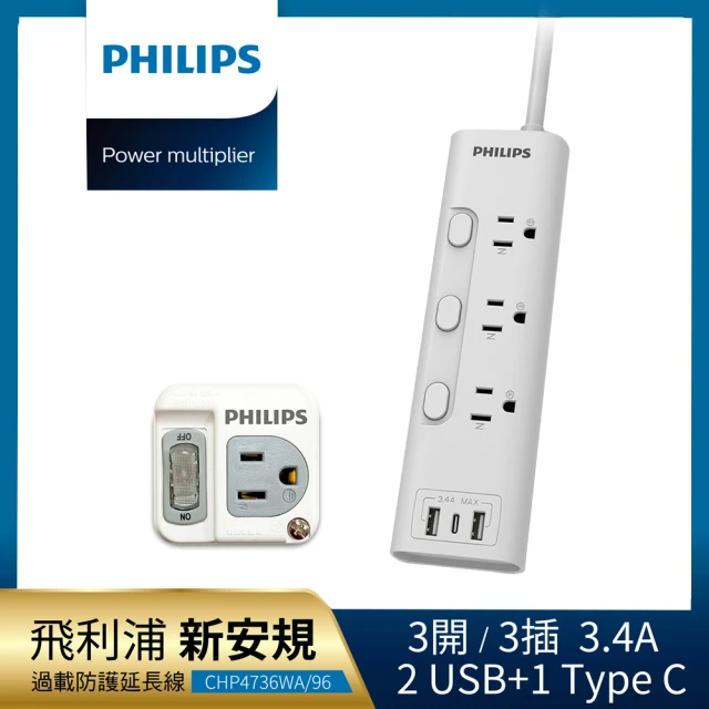 Philips 飛利浦 超值組-3開3插 3.4A 2USB+Type C延長線1.8米+1開1壁插(CHP4736+CHP3010W)