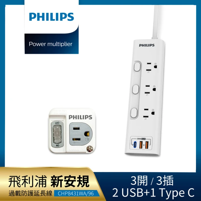 Philips 飛利浦 超值組-3開3插 2USB+Type C PD 30W GaN 氮化鎵延長線1.8米＋1開1壁插(CHP8431+CHP3010W)