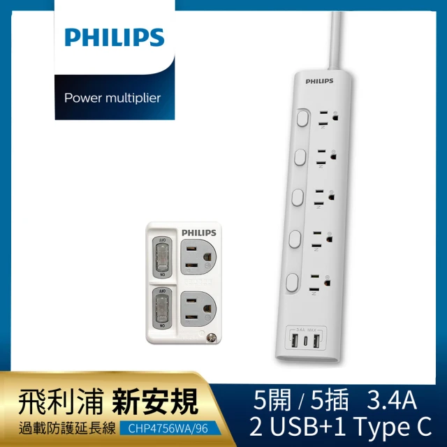 Philips 飛利浦 超值組- 5開5插 3.4A 2USB+Type C延長線1.8米+2開2壁插(CHP4756+CHP3020W)