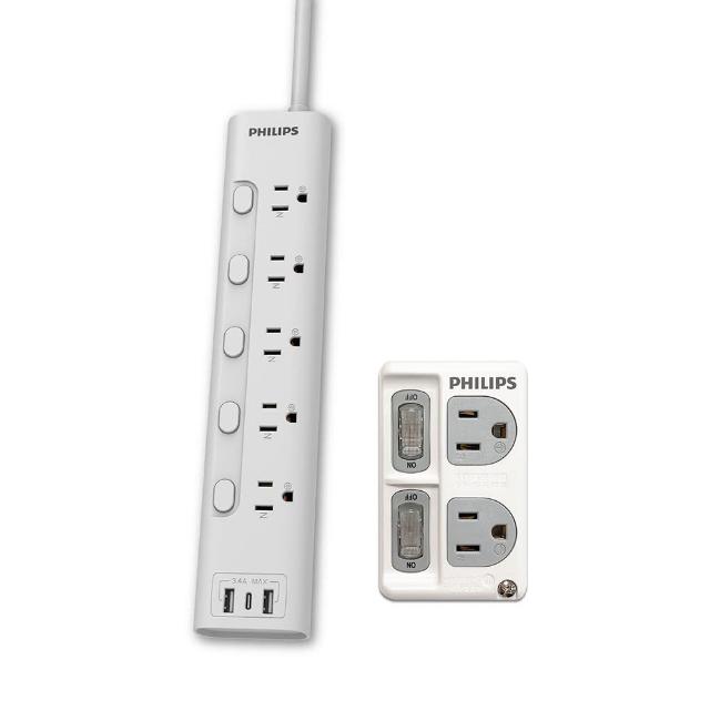 壁插組【Philips 飛利浦】5開5插 3.4A 2USB+Type C延長線1.8M+2開2壁插 (CHP4756+CHP3020W)