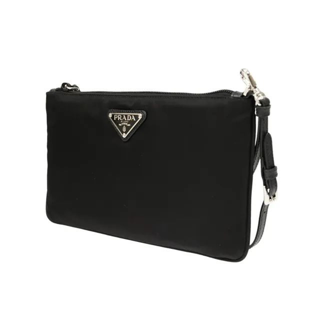 【PRADA 普拉達】1NH545 經典三角LOGO尼龍牛皮飾邊拉鍊手拿包(黑色)