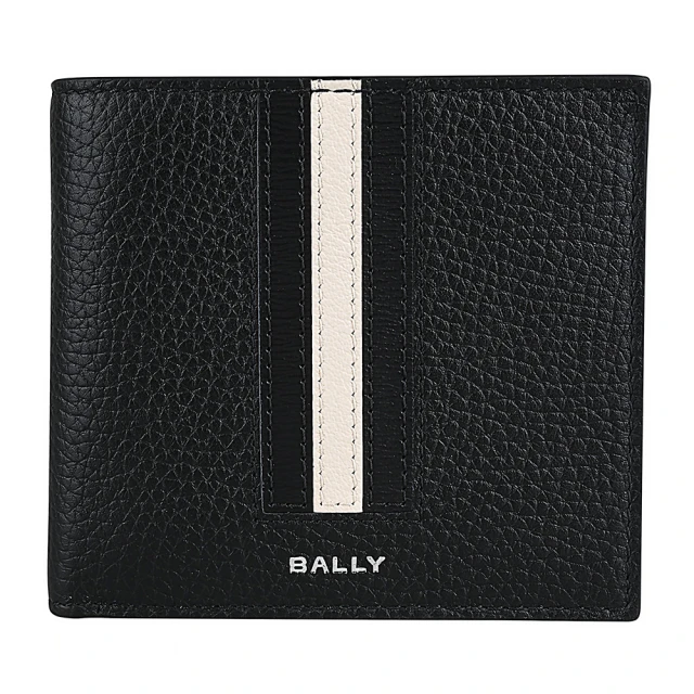 【BALLY】BALLY 銀字燙印黑白條紋粒面小牛皮短夾(黑)