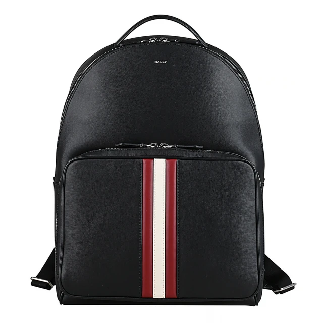 【BALLY】BALLY Mythos銀字燙印紅白條紋塗層皮革後背包(黑)
