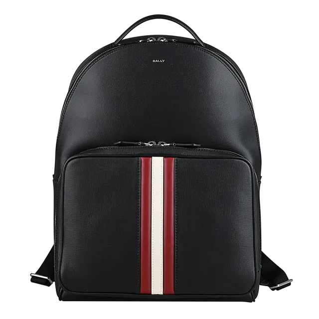 【BALLY】BALLY Mythos銀字燙印紅白條紋塗層皮革後背包(黑)