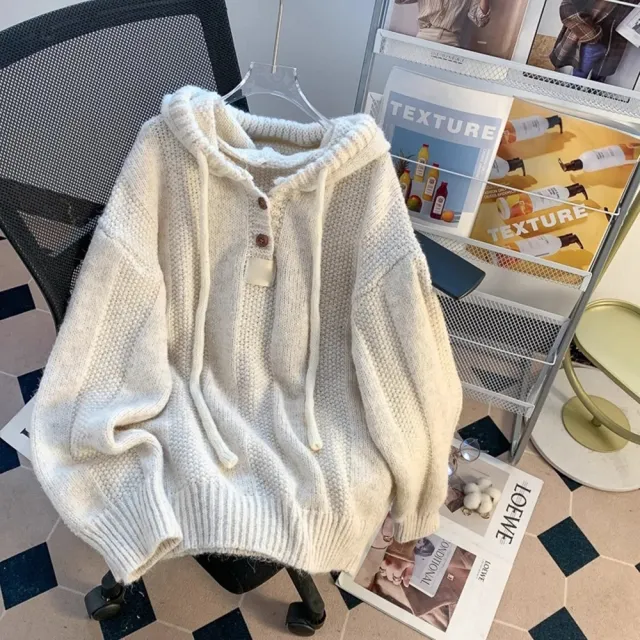 【D.studio】韓版寬鬆慵懶風連帽毛衣(針織上衣毛衣長袖上衣女裝衣服發熱衣保暖上衣冬裝內刷毛 W515)