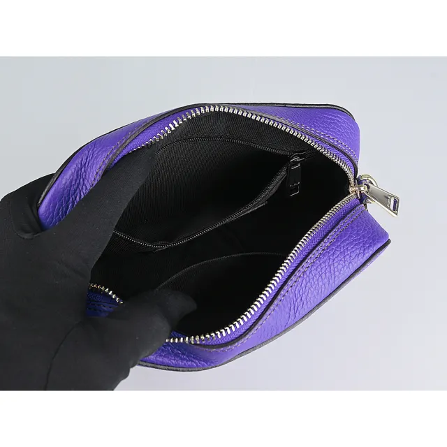 【FURLA 芙拉】FURLA Primula復古金屬拱門LOGO荔枝紋設計牛皮拉鍊斜背相機包(迷你/寶藍)