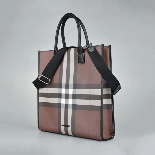 【BURBERRY 巴寶莉】BURBERRY Denny LOGO開口式格紋PVC手提斜背包(深褐x炭灰)