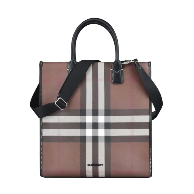 【BURBERRY 巴寶莉】BURBERRY Denny LOGO開口式格紋PVC手提斜背包(深褐x炭灰)