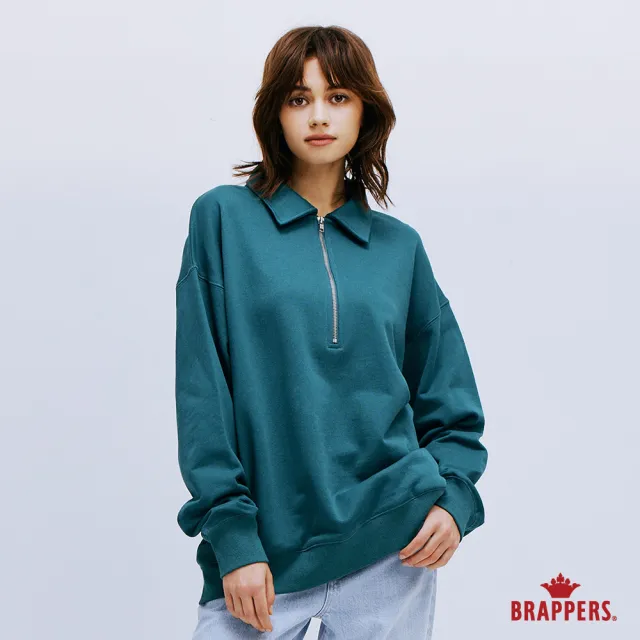 【BRAPPERS】女款 半拉鍊翻領長袖T(藍綠)