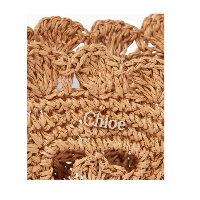 【Chloe’ 蔻依】C20186Z40 經典金屬LOGO拉菲草交織花朵細節斜背包(棕色)