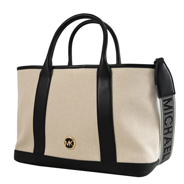 【Michael Kors】LUISA 簡約LOGO帆布皮革寬背帶手提包兩用包(黑)