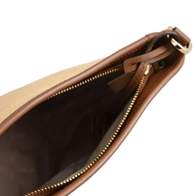 【Michael Kors】金屬LOGO吊飾草編拼接肩斜手提包水桶包兩用包(咖邊)