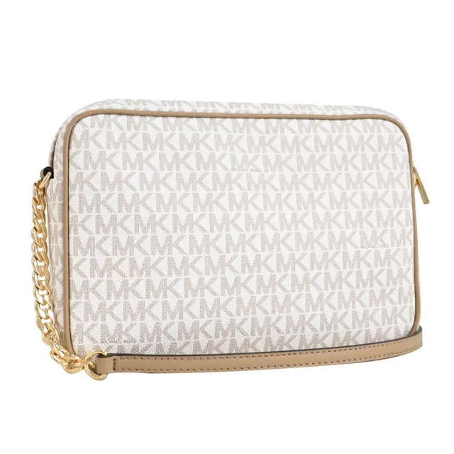 【Michael Kors】JET SET 經典撞色MK LOGO印花方包鍊包斜背包(白)