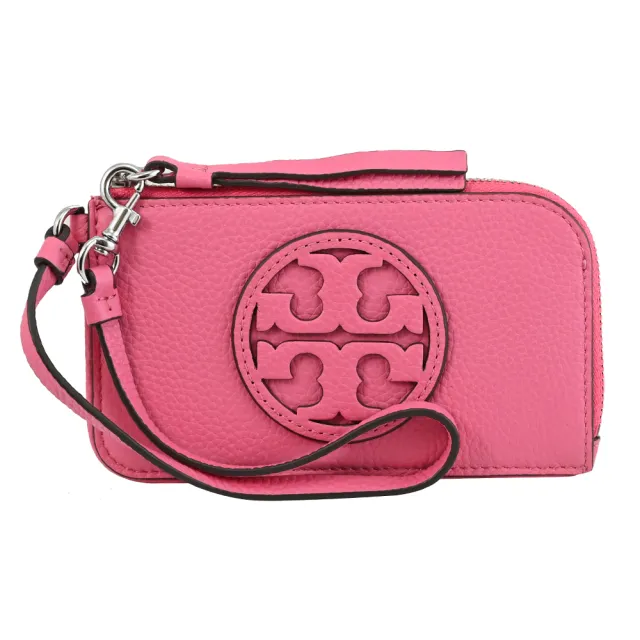 【TORY BURCH】經典雙T 荔枝皮革信用卡名片證件零錢包(桃粉)
