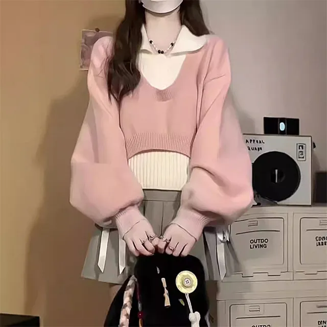 【D.studio】韓版復古顯瘦疊穿兩件式針織上衣+背心(毛衣長袖上衣女裝衣服發熱衣保暖上衣冬裝內刷毛 W524)