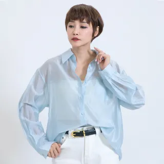 【fancyeva】後開叉釦子透膚珠光防曬襯衫(藍、B1320C-011)