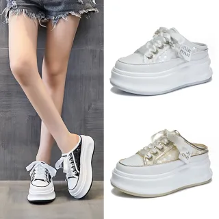 【JP Queen New York】綢緞珍珠亮片網布小尺碼女款厚底休閒穆勒鞋(3色可選)