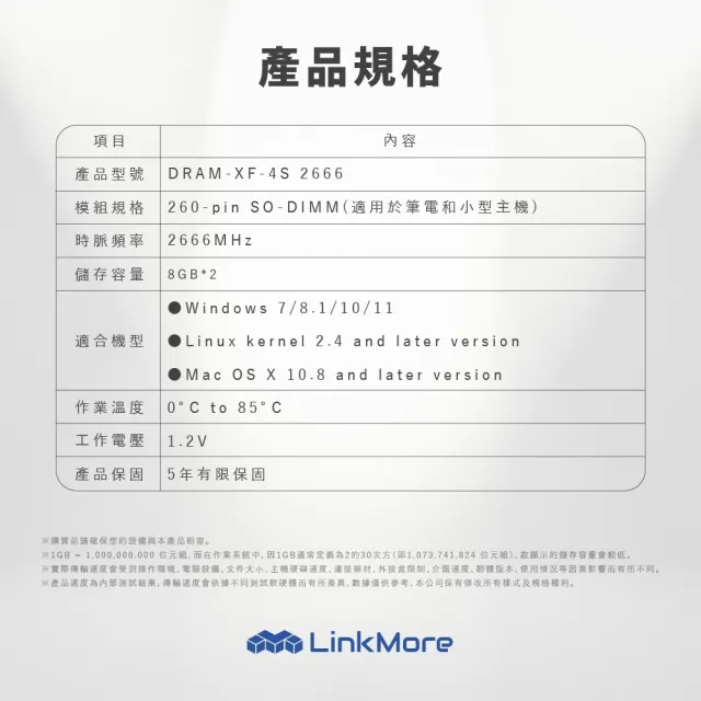 Linkmore DDR4 2666 16GB(8GBx2筆記型記憶體 2入組/NB專用)