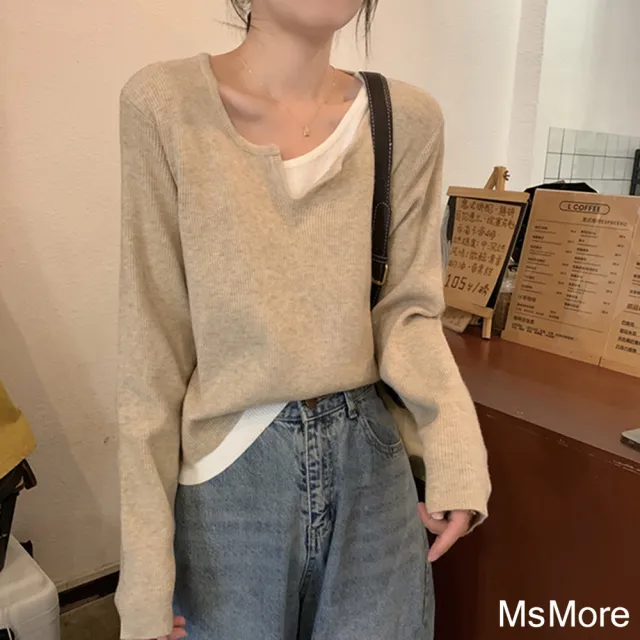 【MsMore】韓版撞色假兩件長袖洋氣內搭針織休閒毛衣短版上衣#123676(黑/灰/杏)