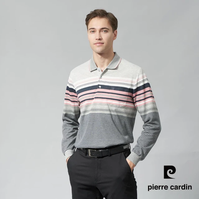 pierre cardin 皮爾卡登 網路獨家 男款 蓄熱刷磨毛定位橫條長袖POLO衫-淺粉色(7245274-72)