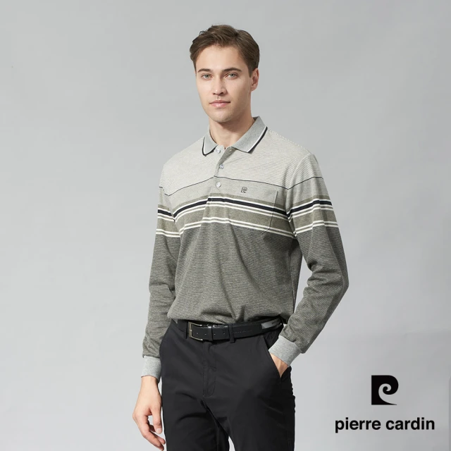 pierre cardin 皮爾卡登 網路獨家 男款 蓄熱刷磨毛定位橫條長袖POLO衫-深灰色(7245273-98)