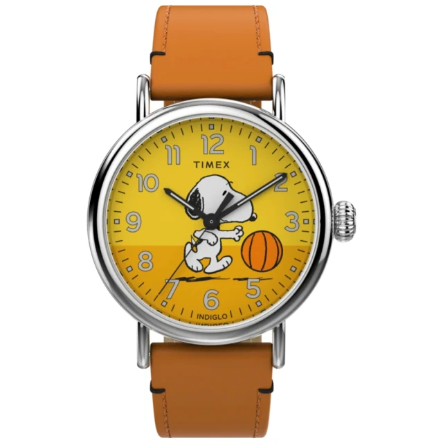 TIMEX 天美時 x Peanuts 40毫米灌籃高手史努比 皮革石英錶 黃x橘TXTW2W51900