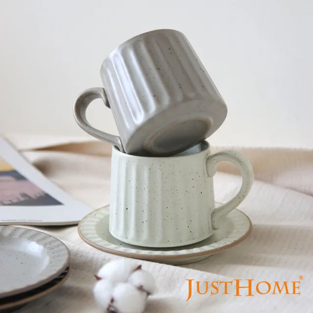 【Just Home】日系直紋粗陶杯盤12件組附收納架(三款可選 下午茶 點心盤 杯 盤)