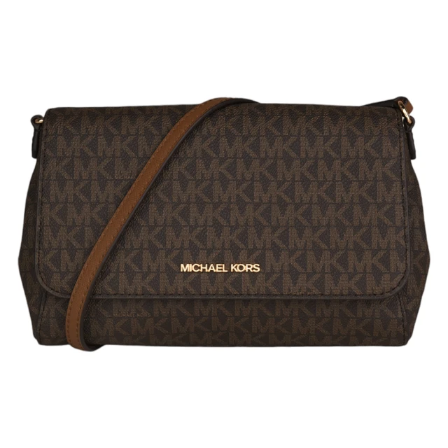 Michael Kors 金字滿版MK皮革釦式斜背扁包/S(深咖)