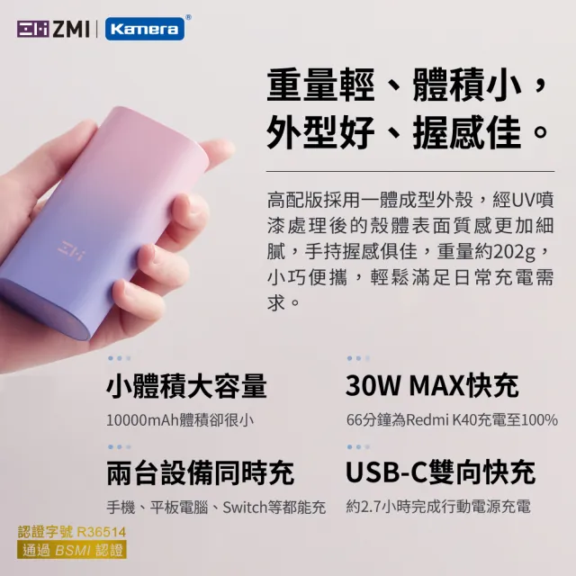 【ZMI】10000mAh 30W PD QC 2孔 雙向快充Mini行動電源(二孔輸出/大容量/QB818/快充行動電源)