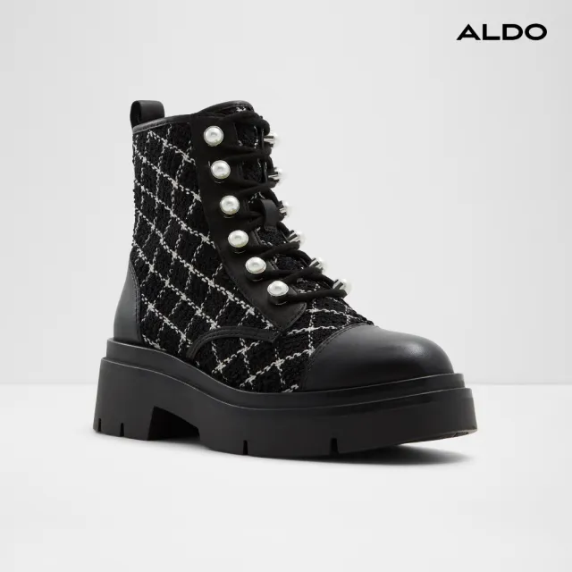 【ALDO】雙11★MARTHIA-菱格紋毛呢拼接綁帶中筒靴-女靴(黑白格紋)