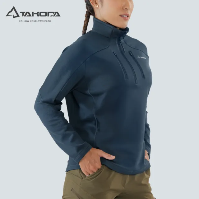 【TAKODA】Skan 厚版彈性刷毛套頭保暖衣 女款 藏青(蓄熱保暖/吸濕排汗/立領半開襟)
