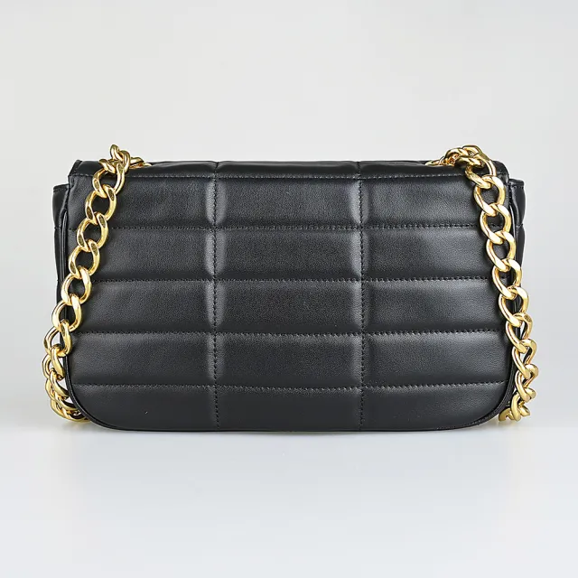 【CELINE】CELINE復古金屬LOGO長格紋絎縫設計小牛皮釦式鍊帶肩背斜背包(黑)