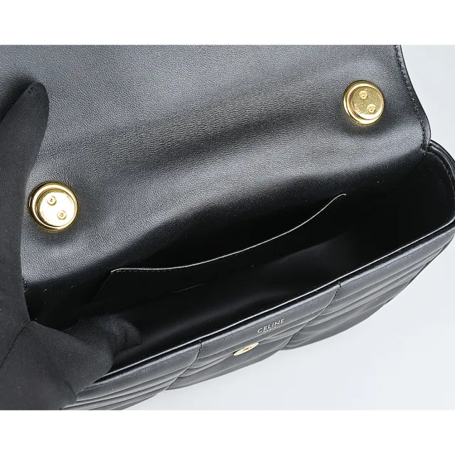 【CELINE】CELINE復古金屬LOGO長格紋絎縫設計小牛皮釦式鍊帶肩背斜背包(黑)