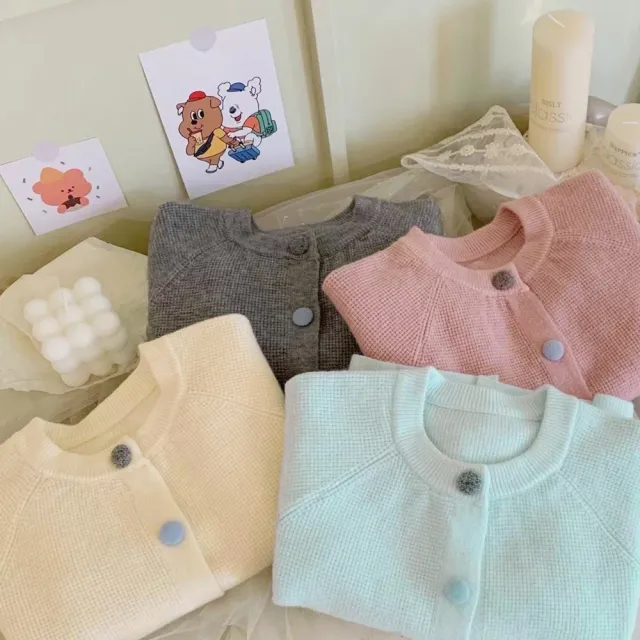 【橘魔法】彩色鈕扣華夫格長袖外套 針織外套 小外套 薄長袖 薄外套 開衫 針織衫 女童 兒童 童裝