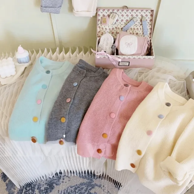 【橘魔法】彩色鈕扣華夫格長袖外套 針織外套 小外套 薄長袖 薄外套 開衫 針織衫 女童 兒童 童裝