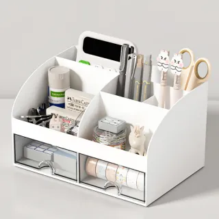 【空間達人】富士雪山白質感四格收納筆筒(透明抽屜 多功能 桌上 筆筒 小物 文具 髮飾 化妝品 辦公桌面)