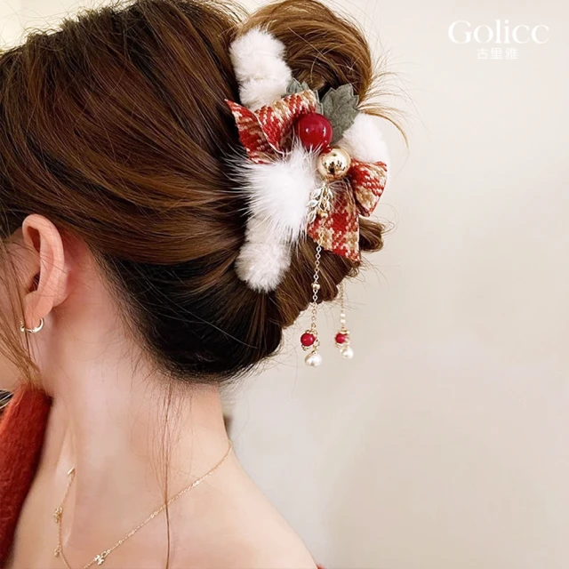 【Golicc】聖誕氣氛 毛絨蝴蝶結抓夾(雙十 萬聖節 生日 髮飾 頭飾 鯊魚夾 抓夾 禮物)