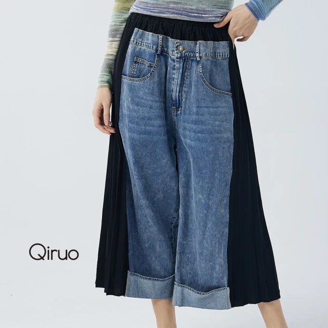 Qiruo 奇若名品 秋冬專櫃藍黑色牛仔褲裙2092C雙拼造型褲(M-XL)