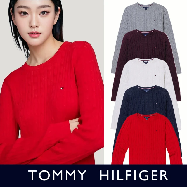 Tommy Hilfiger TOMMY 經典圓領刺繡小LOGO麻花針織毛衣 上衣-女-多色組合(/平輸品/)