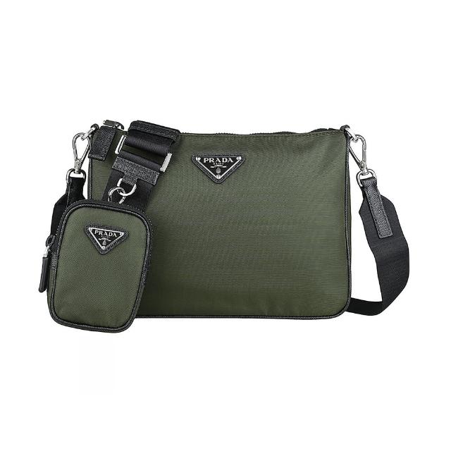【PRADA 普拉達】PRADA Re-Nylon+Saffiano金屬銀字LOGO再生尼龍拉鍊斜背包(軍綠)