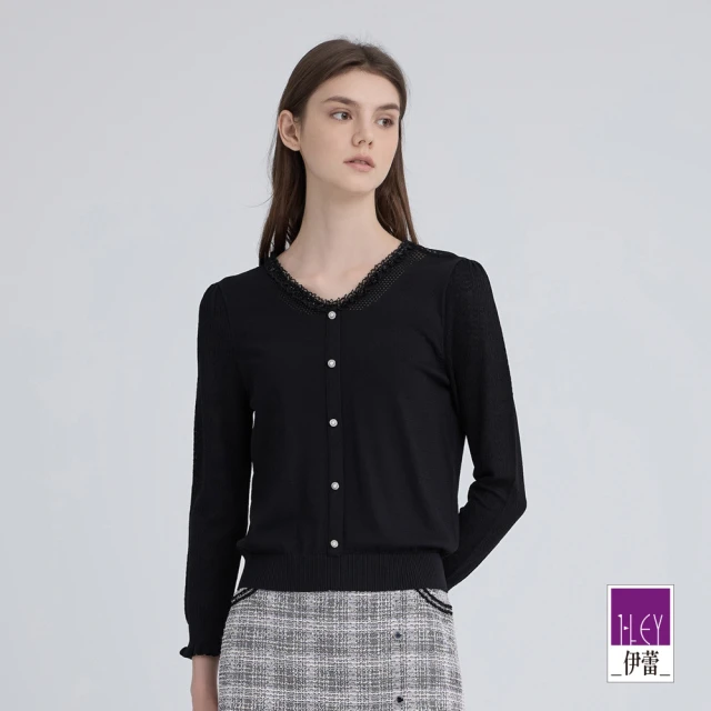 ILEY 伊蕾 交錯縷空燙鑽羊毛針織上衣(深咖；M-L；12