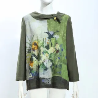 【ILEY 伊蕾】毛感針織布造型領印花上衣(綠；L-2L；1244071615)