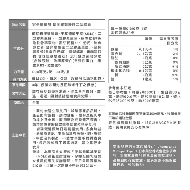 【家倍健】挺固關日本非變性二型膠原蛋白x3盒(30錠/盒/UCII/葡萄糖胺/MSM//軟骨素/咪唑胜/膠原蛋白)